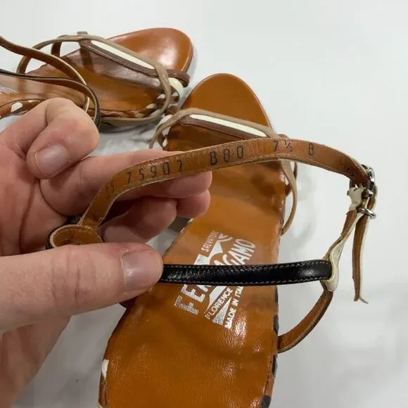 Salvatore Ferragamo Brown and Cream Strappy Heels - Picture 8 of 11